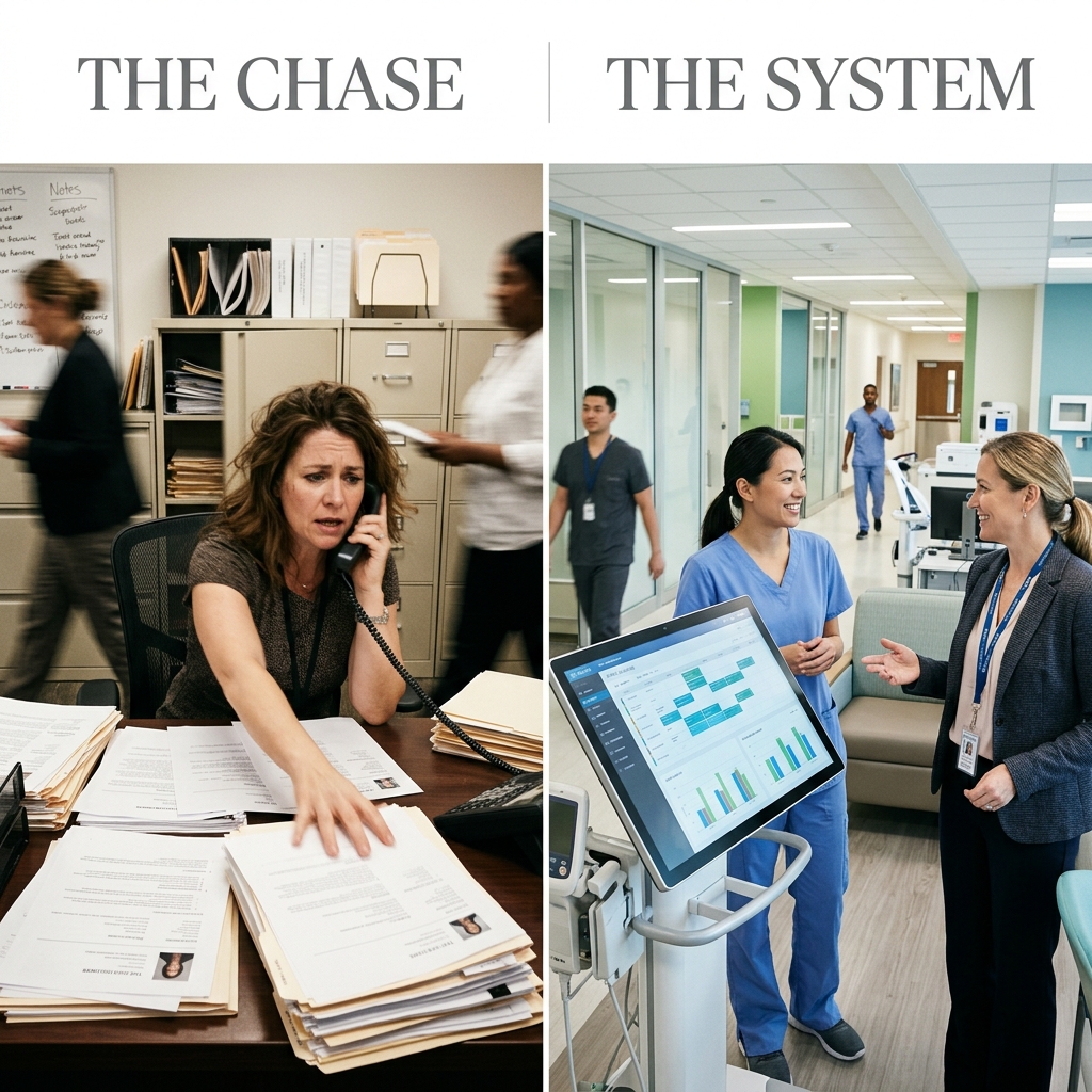 Editorial photograph showing stressful HR recruitment on the left and a structured healthcare workspace on the right.