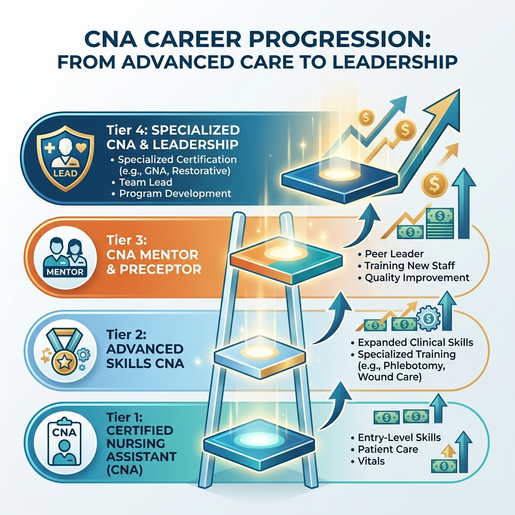 A professional 4-tier CNA career progression ladder showing skills advancement and growth.