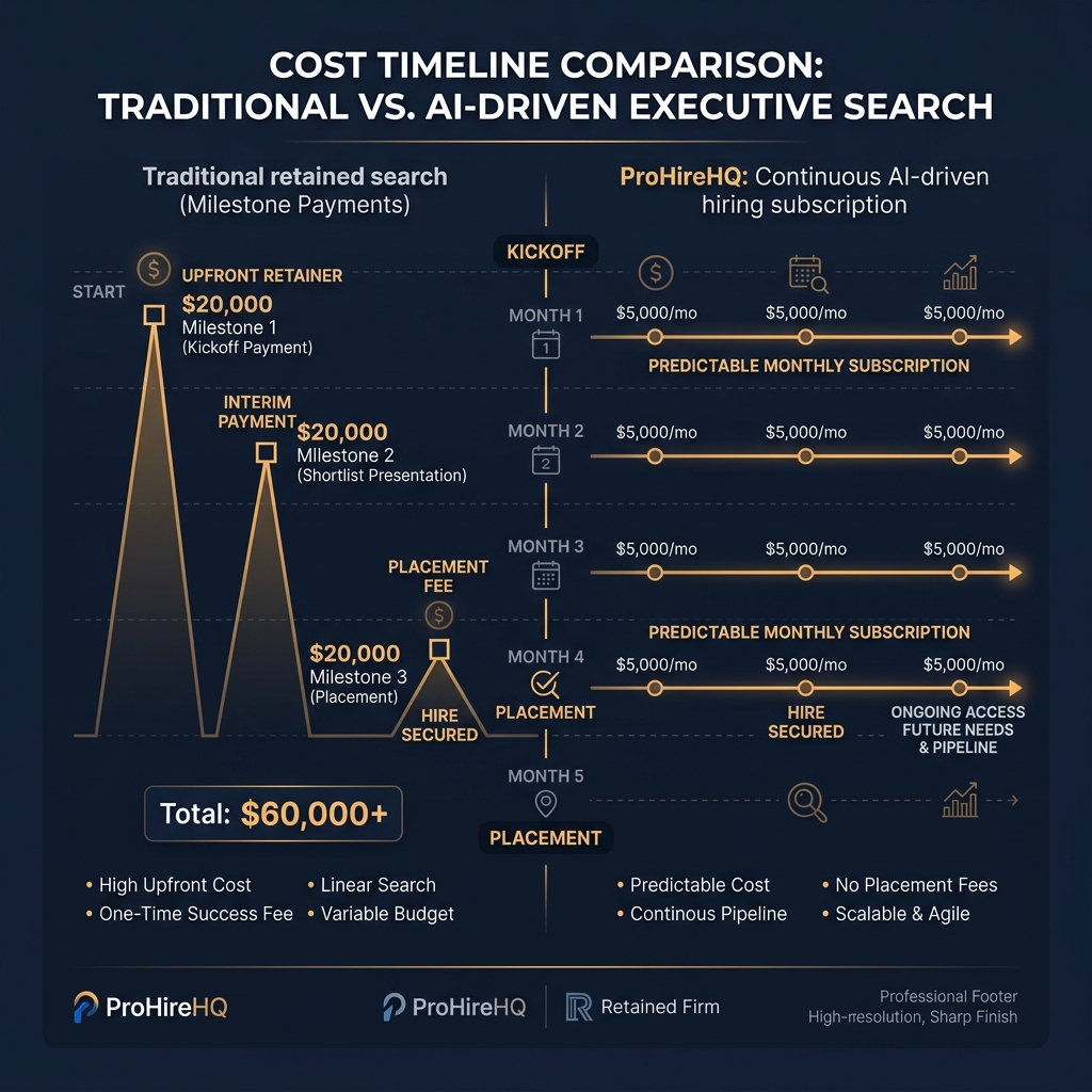 Infographic comparing traditional retained search milestones versus the ProHireHQ continuous hiring subscription.