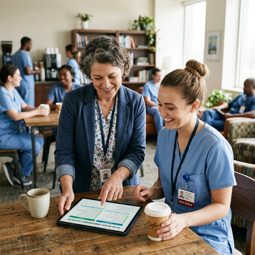 Healthcare mentor checking in with a new nurse over coffee in a staff lounge.
