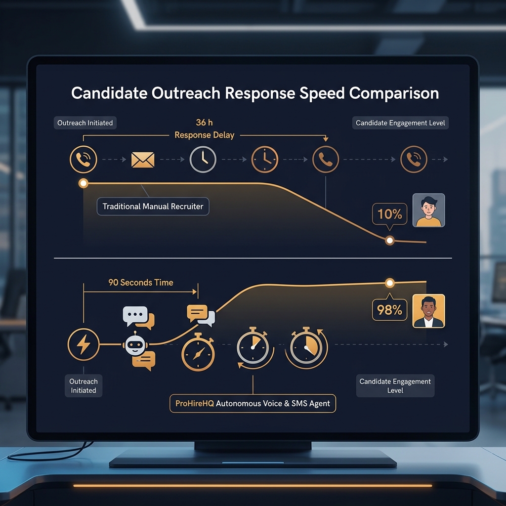 Visual comparison of candidate outreach response speed between manual recruiting and autonomous AI agent.