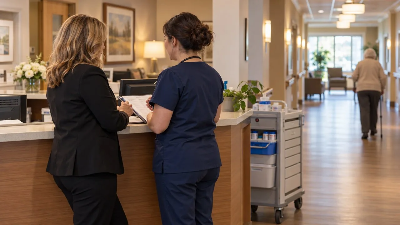 Director of nursing talking with an RN at a senior living nurses' station, ProHireHQ nurse retention strategies