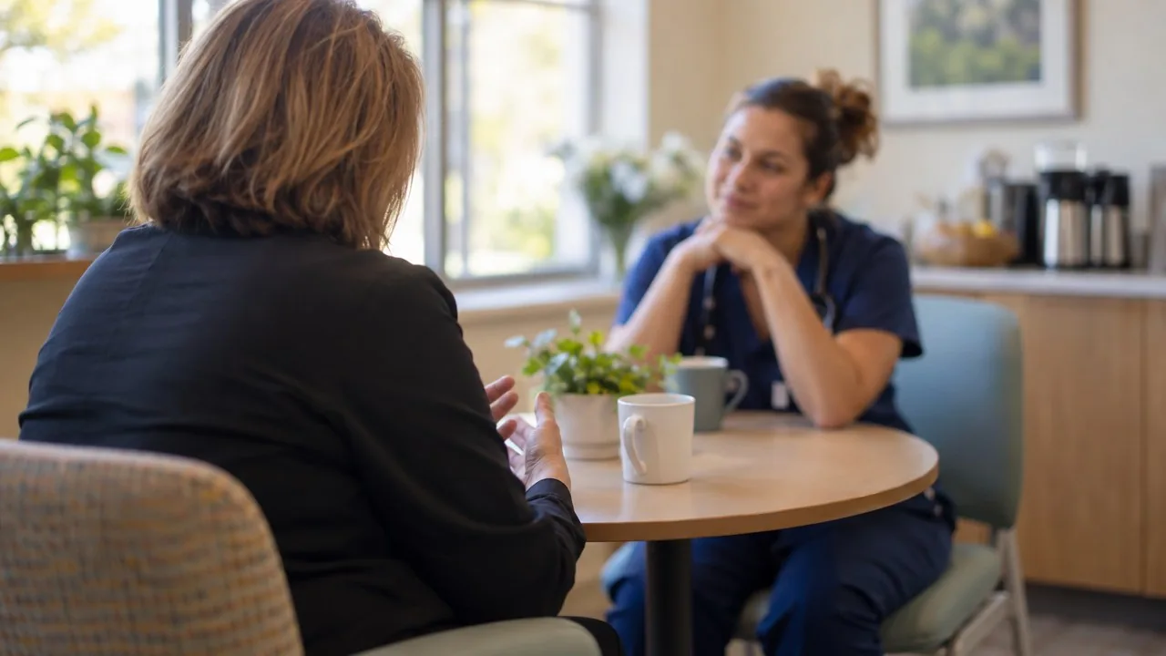 Nurse leader holding a stay interview with a registered nurse in a senior care community
